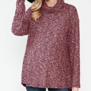 Women's Maternity Burgundy Turtle Neck Two-Tone Rib Everyday Fall & Winter Top